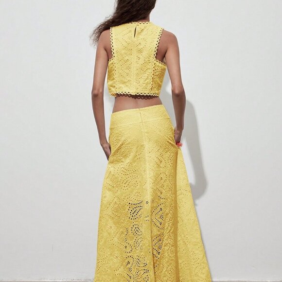 Yellow Boho Women's Floral Hollow Out Full Embroidery  Crop Top - Picture 2 of 10